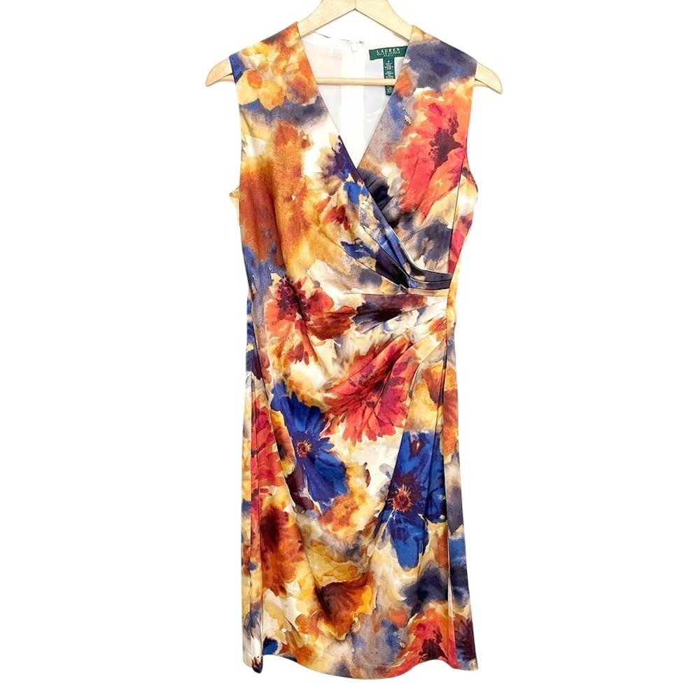 LRL Ralph Lauren Floral Autumn Sleeveless V Neck Sheath Dress Size‎ 8
